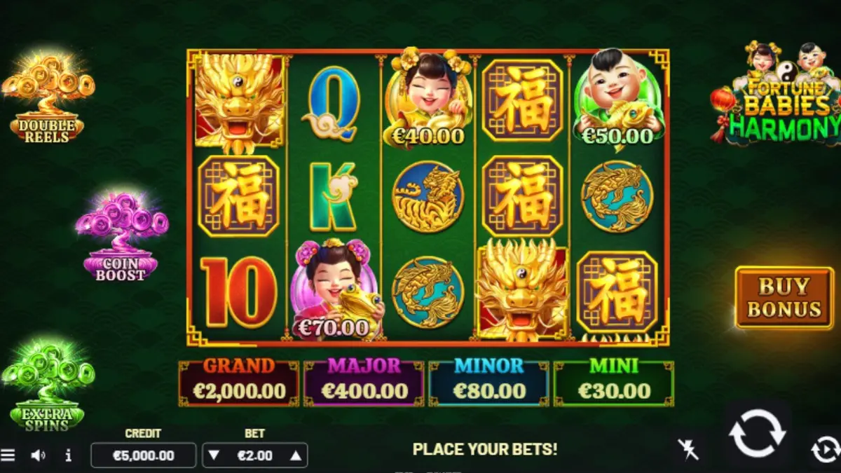 Fortune Babies – Harmony slot game interface na may mga cute na simbolo at makulay na disenyo.