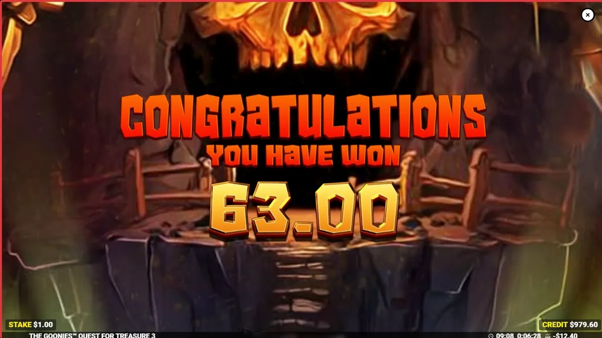The Goonies Quest for Treasure 3 slot game interface na may mga karakter mula sa pelikula