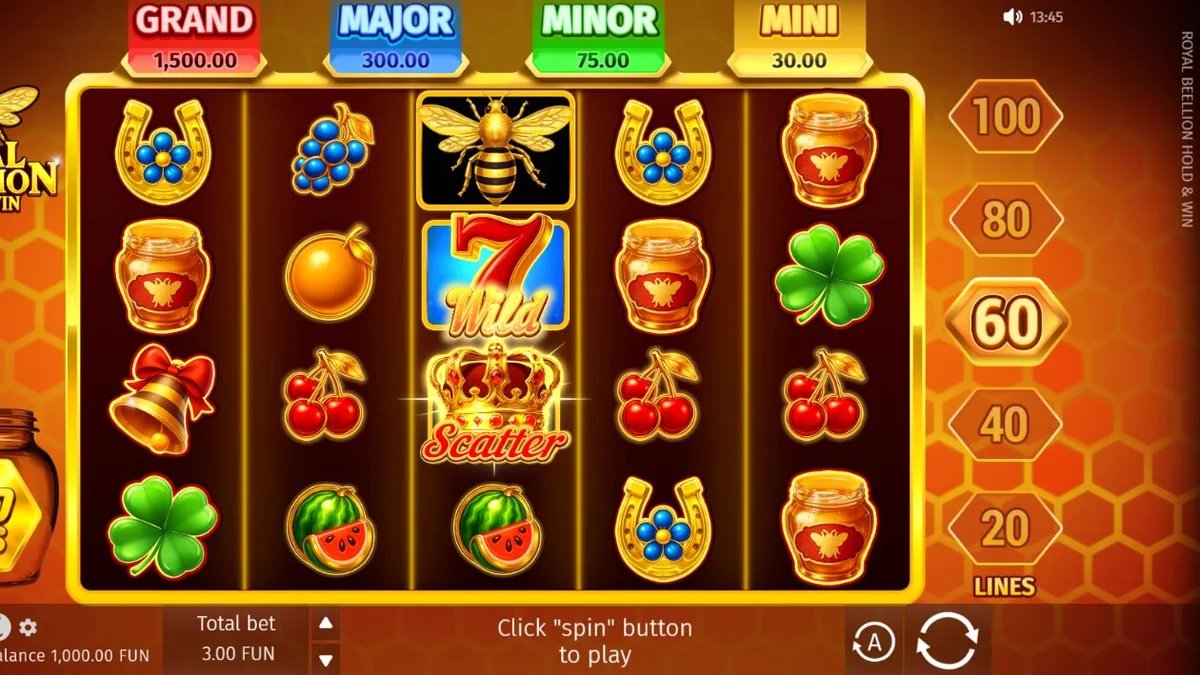 Royal Beellion Hold & Win slot game interface na may mga gintong bubuyog at honeycomb background
