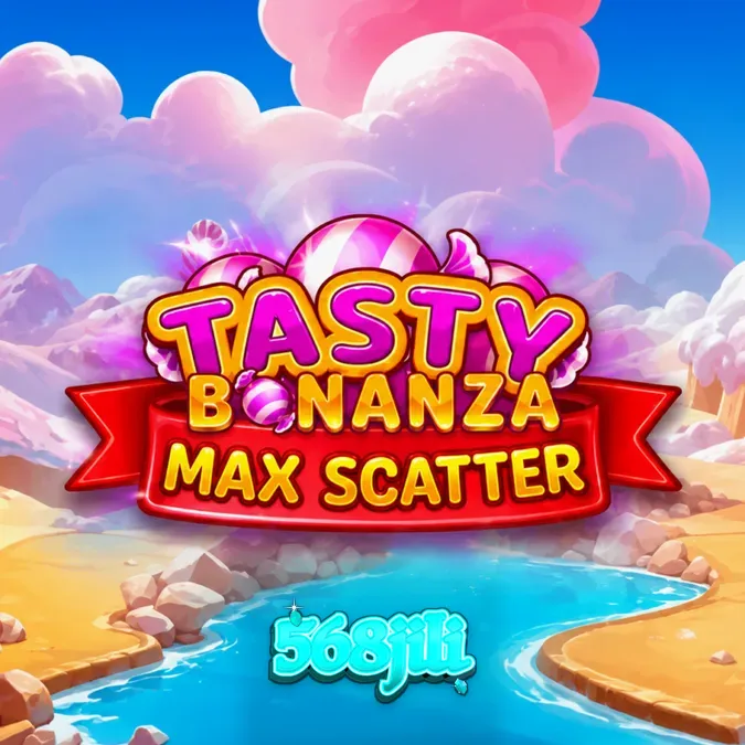 Makulay na grid ng Tasty Bonanza Max Scatter na puno ng mga kendi at simbolo